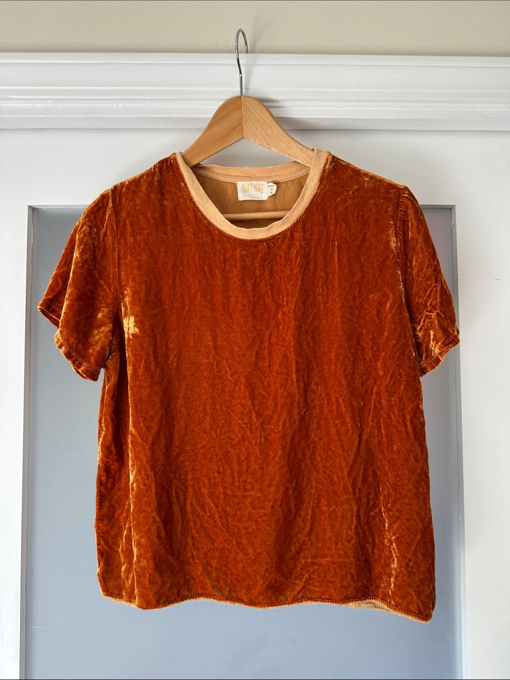 Crushed Velvet Short Sleeve Nation Tee in Orange Rust